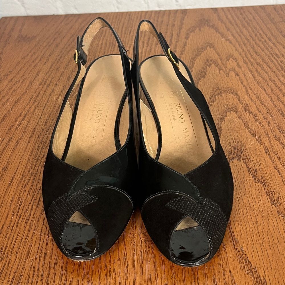 Bruno Magli Italian Designer Black Suede Peep-toe Slingbacks Wedge Heel 7.5